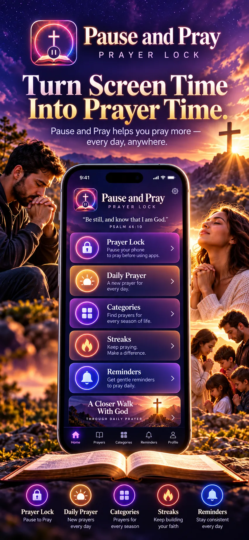 Pause and Pray app showing Prayer Lock, daily prayer, categories, reminders and streaks